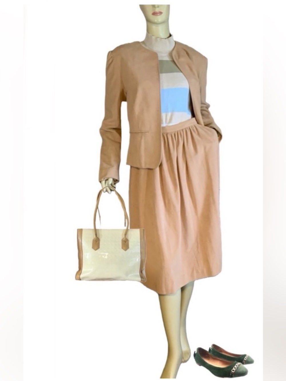 VINTAGE 1980'S P.H.M. SPORTSWEAR CAMEL FAUX SUEDE FEEL SKIRT SUIT (16)